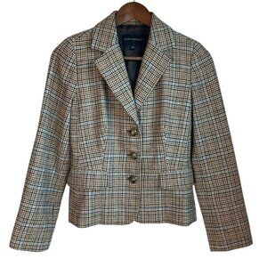Banana Republic Womens Sz 0 Blazer Beige Plaid Wool Blend Elbow Patches